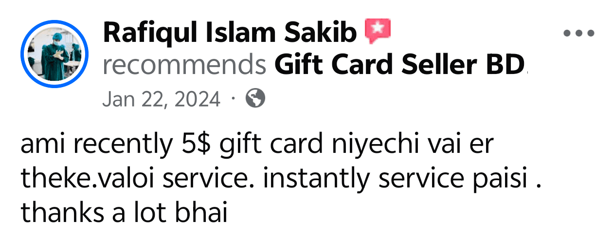 Rafiqul Islam Sakib recommendation screenshot on Gift Card Seller BD Facebook Page