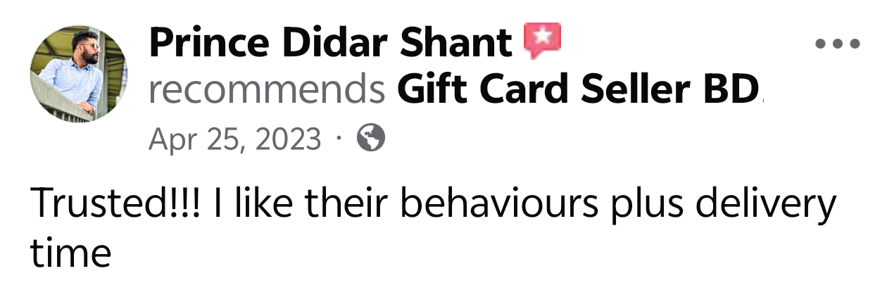 Verified customer feedback screenshot on Gift Card Seller BD