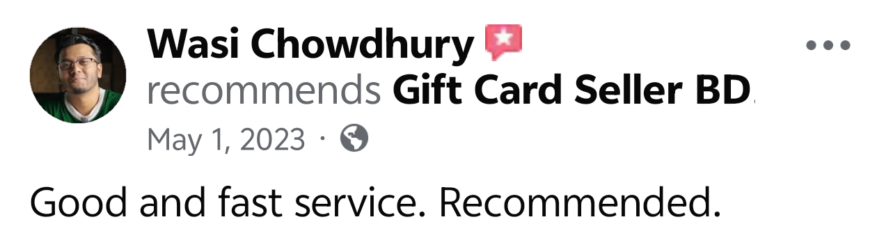 Verified customer feedback screenshot on Gift Card Seller BD