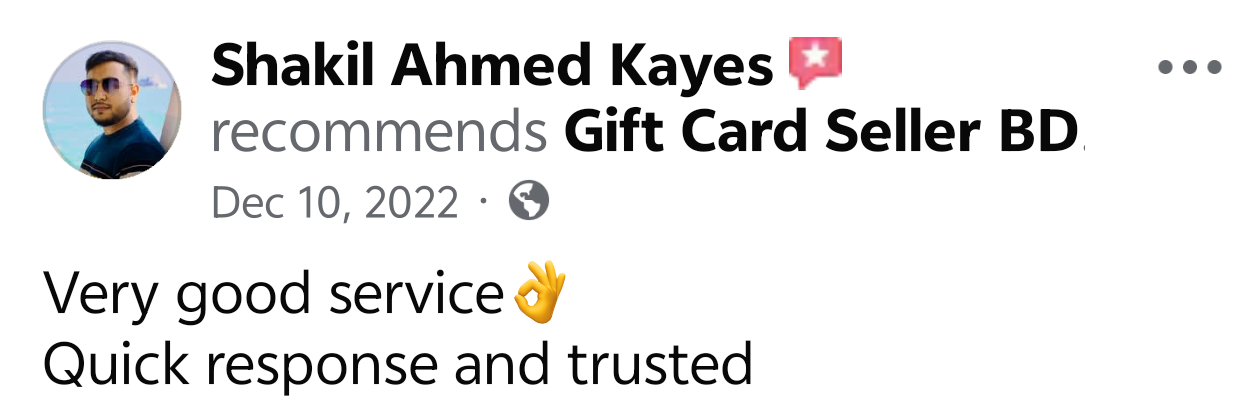 Verified customer feedback screenshot on Gift Card Seller BD