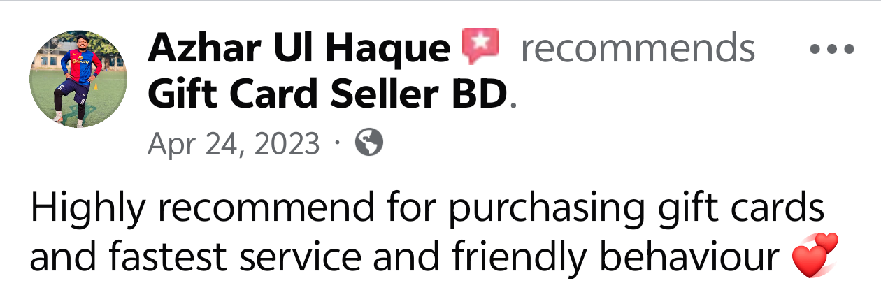 Verified customer feedback screenshot on Gift Card Seller BD