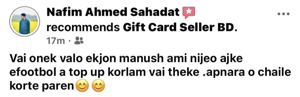 Verified customer feedback screenshot on Gift Card Seller BD