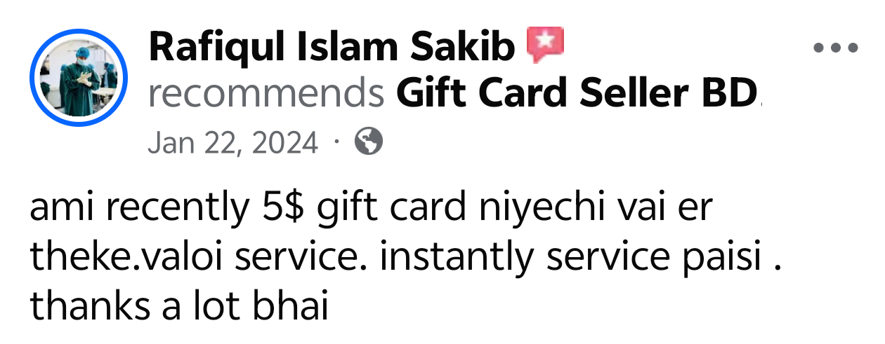 Rafiqul Islam Sakib customer review on Gift Card Seller BD