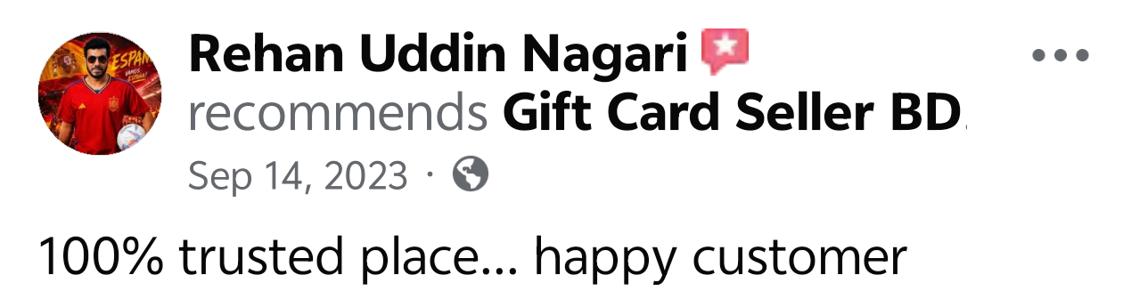 Verified customer feedback screenshot on Gift Card Seller BD