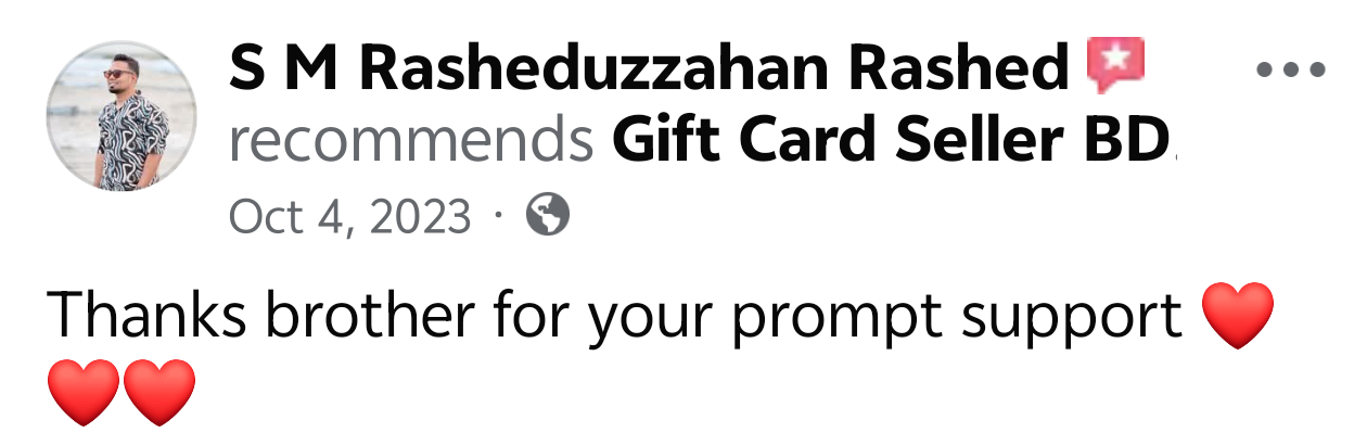 Verified customer feedback screenshot on Gift Card Seller BD