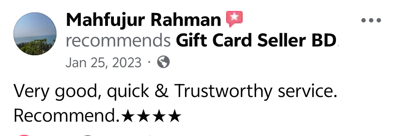 Verified customer feedback screenshot on Gift Card Seller BD