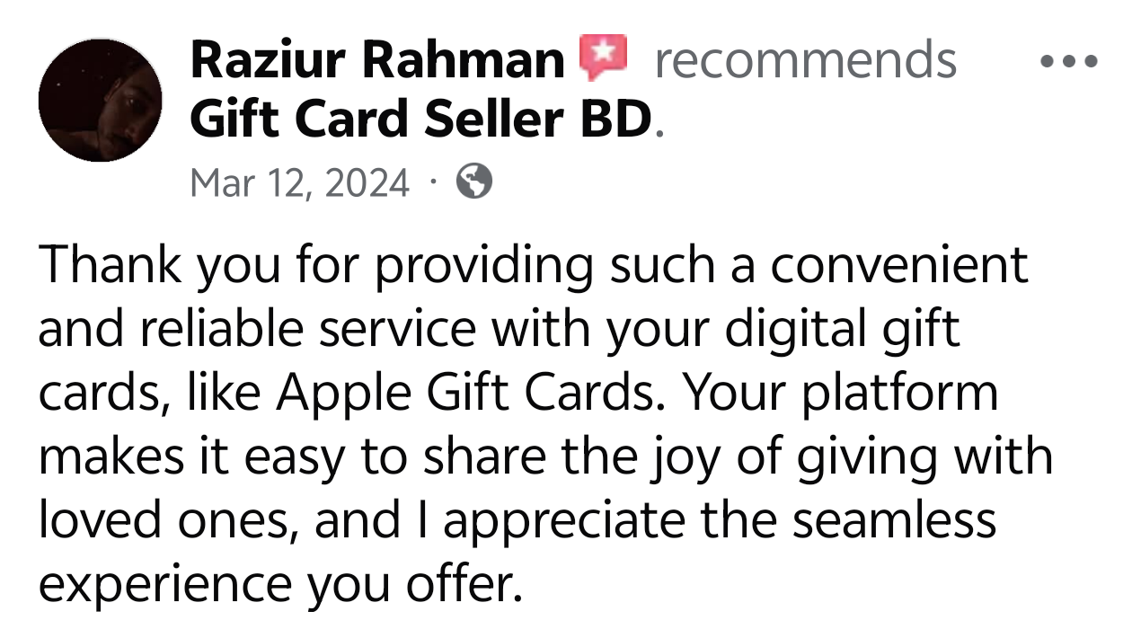 Verified customer feedback screenshot on Gift Card Seller BD